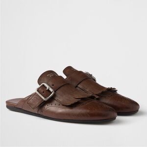 Like new PRADA Brown Leather Fringed Shuffle Mules $1,250 40